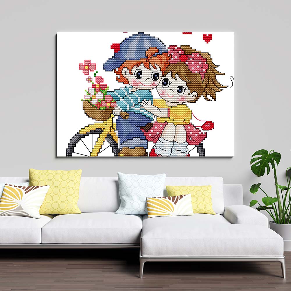 Kreuzstich -   Zwei Kinder auf Fahrrad | 20x25 cm - Diy - Fadenkunst